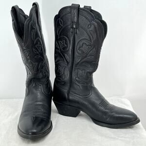 ARIAT Woman's Black Cowboy Boots Floral Stitch Design 7.5B Western Rodeo Cowgirl